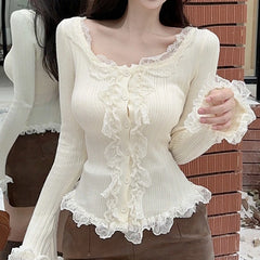 Korean Sweet Cute Knit Crop Tops Autumn Spring Long Sleeve T-shirt y2k Fairycore 00s Retro Lace Trim O Neck Button Closure Tops