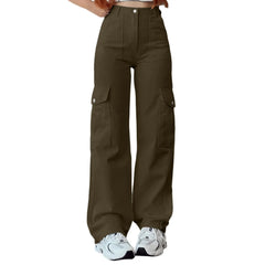 Hnewly Ladies' Loose Casual Mid Waist Multi-Pocket Solid Color Work Pants Fashionable Harajuku Style Straight Trousers
