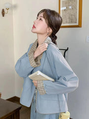 Hnewly Sweet Cargo Jacket Women Loose Preppy Style Plaid Patchwork Short Coat Casual Korean Fashion Long Sleeve Fall Winter Tops