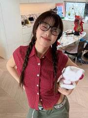 Hnewly Pure Cotton Red Plaid Shirt Women Slim Sexy Cropped Short Sleeve Y2K Blouse Vintage American Streetwear Female Summer Tops