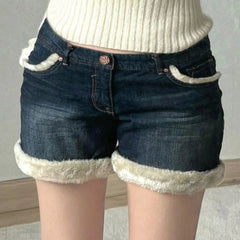 Hnewly Casual Sweet Fur Trim Denim Shorts Korean Style Cute Basic Slim Low-Waisted Shorts Women Winter Fashion Streetwear