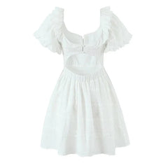 Lunivop Pretty Girl Holiday Summer Dresses Women O Neck Short Sleeve A-line Mini Hollow Out Embroidery White Dress Backless Robe
