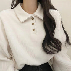 Hnewly Fall Winter Ribbed Pullovers Women Casual Simple Preppy Style Student Turndown Collar Sweater Korean Button-up Blouses