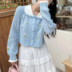 Hnewly Embroidered Floral Pointelle Knit Cardigan Women Collared Button-up Openwork Sweater Jacket Cute Teen-girl Fairycore Clothes