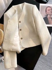 Hnewly Slim Elegant Tweed Jacket Women Vintage Long Sleeve Sweet Short Coat French Casual Vintage Lady V Neck Single Breasted Tops