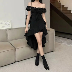 Hnewly Black Ruffled Irregular Summer New One-shoulder Waist-hugging Sexy Neck Strap Dress