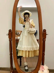 Hnewly New French Sweet Pastoral Style Slim Square Collar Yellow Plaid Dress Women + Ruffles Outer Dress Two-piece Dress Suit