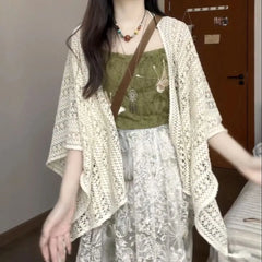 Hnewly Lace Shawl Cardigan Bohemian Tassel Hollowed Out Loose Apricot Top For Women's Summer Vacation Style Sun Protection Cover