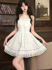 Hnewly 2000s Vintage Elegant Mini Dress Women Sweet Lace Hollow Out Sleeveless Dress Summer Birthday Party Strap Dress French