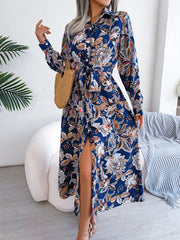 Hnewly Vintage Floral Print Button Up Long Sleeve Maxi Shirt Dress For Fall & Spring, Women's Clothing