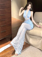 Hnewly Women Dresses Lace Patchwork Sleeveless Halter Slim Backless Temperament Elegant Party Dress Female Club Cocktail Sexy