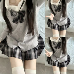 Hnewly 3Pc Set Japanese Korean School Uniforms Multicolor Sweater&Plaid Pleat Skirt with Bow Jk Uniform Suit Graduation Costumes Women
