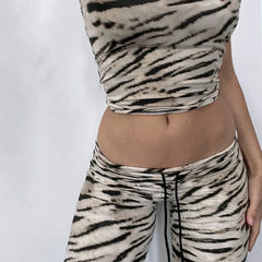 Hnewly Harajuku Skinny Zebra Stripe Pattern Flare Pants Women Streetwear Casual Low Waist Trousers Sweatpants Bottoms Retro