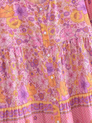 Hnewly V neck Flower Print Single-Breasted Buttons Mini Dress Woman Spliced Ruched Pleated Short Sleeve Loose Robe Holiday