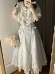 Hnewly Summer New Sweet Lace Cape Patchwork Dress Design Elegant Bow Slim Thin Dresses Women France Fashion Long Princess Dress