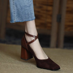 Hnewly Spring and Autumn New Fashion Square Toe Thick Heel Retro Matte Sexy Trendy Cross Buckle Women's Shoes