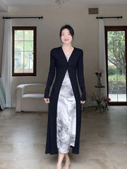 Hnewly Lazy Fashion V-neck Black Cardigan Mujer Y2k E-Girl Long Sleeve Sun Protection Coat Women Mid-length All-match Tops Dress