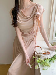 Hnewly Summer New Flowers Korean Fashion Irregular T-Shirt Top Women's French Elegant Pastoral Casual Long Skirt Two Piece Set