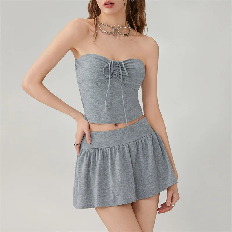 Women Outfit Set y2k Clothes Sexy Solid Color Off Shoulder Strapless Tube Top with Mini Skirt 2000s Clothing Streetwear