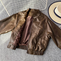 Hnewly Retro Chic pu Leather Jacket Women's 2025 Spring Autumn Fashion Lapel Versatile Windproof Sweet&Cool BF Style Female Outerwear