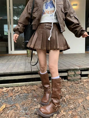 Hnewly Vintage Y2k Leather Skirt Women Sexy Punk Pleated Skirt Brown Retro High Waist Fashion Streetwear A-line Mini Skirts