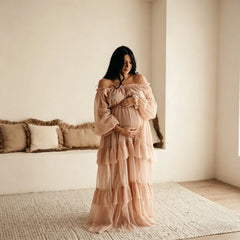 Hnewly Elegant Off Shoulder Maternity Gown for Photography Sexy Tiered Ruffle Pregnancy Dress Lantern Sleeve Photo Shoot Props Outfit