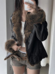 Hnewly winter club outfits Autumn New Clothes Women’s Leather Coat Long Sleeve Spliced Faux Trim Button Slim Fit Chic Coat