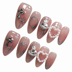 Hnewly 10pcs Blush Pink Fake Nail Patches Handmade Pearl Love Heart Press On Nails Planet Cross Designs Detachable Almond