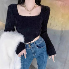 Hnewly Autumn Winter Knitting Crop Tops Women Skinny Sweaters Bottom Shirts Fashion Female Long Sleeve Pullover Casual Knitted Sweater