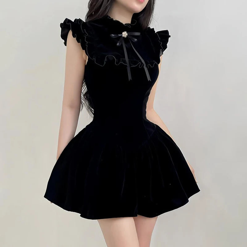DRESS TO IMPRESS Elegant Velvet Black Mini Dresses Sleeveless A-line Korean Fashion Birthday Party Coquette Sexy Ballroom Dress Women