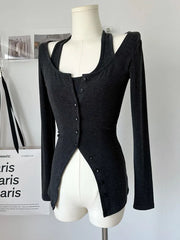 Hnewly Sexy Retro Streetwear Crop Top Coquette Gothic Chic Gyaru Black Halter T-Shirt Fake Two Pieces Off Shoulder Tees Clubwear Kpop