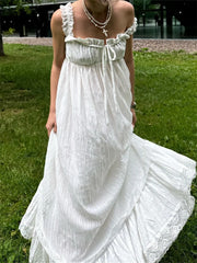 Hnewly Women White Long Dress Lace Trim Tie-up V Neck Sleeveless Ruffle Loose Tank Dress for Evening Party Club Bohemian Summer