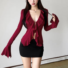 Hnewly spring birthday outfit y2k Tops Women Fairycore Clothing Solid Color Ruffle Collar Flared Long Sleeve Blouse Shirt 2000s Clothes Streetwear