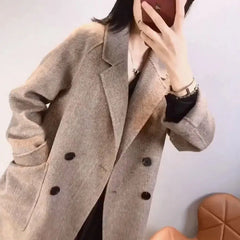 Hnewly Women's Herringbone Pattern Woolen Jacket, Imitation Cashmere Blazer, Korean Loose Thick Coat