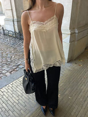 Hnewly Sexy Lace Patchwork Sling Top Women V-neck Sleeveless Side Split Solid Color Vests New Summer Evening Party Vacation Tops