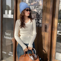 Hnewly Gentle Sweater Women Lace V-neck Basic Knitted Pullovers Comfortable All-match Streetwear Spring Fall Fashion Soft Design Sweet