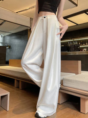 Hnewly White Suit Pants for Women Elegant Office Front Pleated Dress Pants Fashion Wide Leg Straight Black Formal Trousers