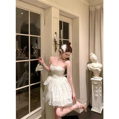 Hnewly Elegant Bow Mini Dress Women Fairy Party Prom Lace Strapless Dresses Summer Korean Sexy Backless Bodycon A Line Vestidos
