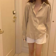 Hnewly Long Sleeve Apricot Shirt Women Рубашка Женская Spring All-match Simple Basic Korean Fashion New Design Cozy Casual Ins Hot Sale