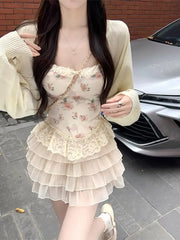 Hnewly Summer New 3 Piece Skirt Set Knitted Sun Elegant Cardigan Women's Floral Lace Camisole Short Ruffle Cake Skirt Y2k Korean