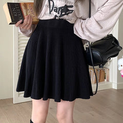 Hnewly Autumn Winter Knitted White Mini Skirts Women Korean High Waist A Line Pleated Skirt Woman Preppy Style All Match Short Skirts