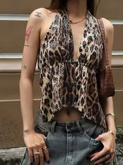 Hnewly Leopard Sequins Women Vest Y2K Backless Halter V-Neck Lace-Up Sleeveless Street Skinny Wild Summer Trend Tank Tops