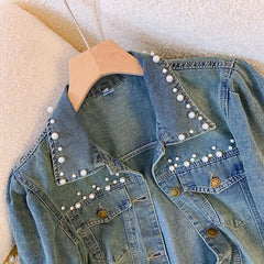 Hnewly Sweet Nail Bead Short Sleeved Denim Jacket Women Summer Thin Style 2025 New Casual Single Breasted Shirt Turndown Collar Top