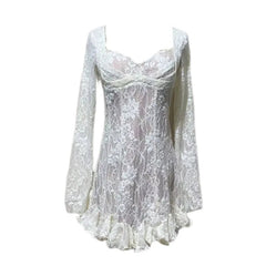 Hnewly Fashion Lace Dress Women's Square Collar Long Sleeve Backless Casual Dresses 2025 Summer New Tide