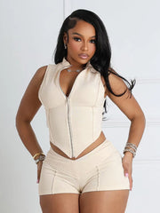 Hnewly Lines Patchwork 2 Piece Set Women Zipper Cardigan Irregular Crop Top+Skinny Peach Hip Shorts Simple Sporty Streetweas