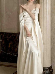 Hnewly Elegant Korean Silk Midi Dress Women Spring Vintage Backless Party Dress French Evening Casual Dress Female Design Wedding