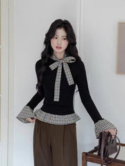 Hnewly Korean Chic Patchwork Women Black Pullover Autumn New Plaid Stitching Fake 2 Pieces Top Sweet Bow Tie Long Sleeve T Shirts Mujer