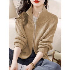 Hnewly Women's Zip Up Sweater Cardigan Cozy Knit Stand Collar Zipper Front Plain Sweater Jacket Female Korean Chic Fall Winter Outfit