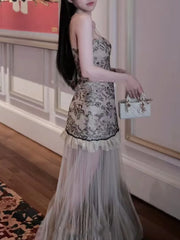 Hnewly Fashion Printed Patchwork Mesh Dress Women's Slash Neck Sleeveless Embroidery Dresses 2025 Summer New Tide