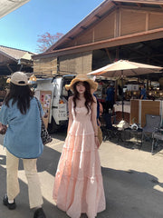 Hnewly Design V-Neck Strap Midi Dress Women Beacy Style Summer One Piece Dress Korean Fashion Clothing Elegant Vintage Dress Chic Y2k